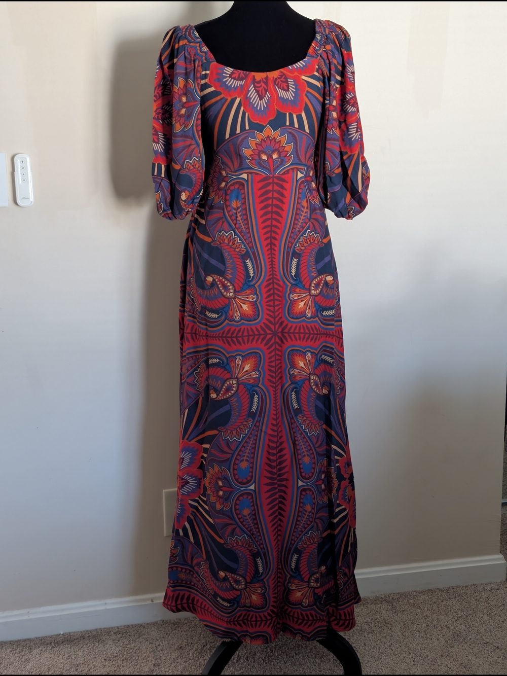 Farm Rio Macaw Arabesque Maxi Dress Eco-Viscose XS V-neck Puff Sleeve